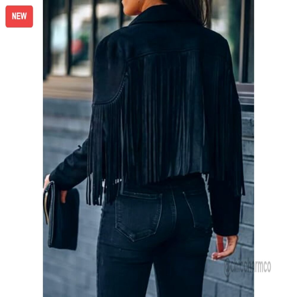 Faux Suede Cropped Fringe Jacket Women's Western Motorcycle Style - Picture 3 of 7